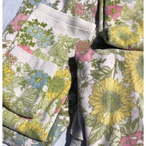 Vtg Cannon Royal Family  Sunflower 70s Floral Bath hand Wash Towel Set MCM Boho - Picture 2 of 16